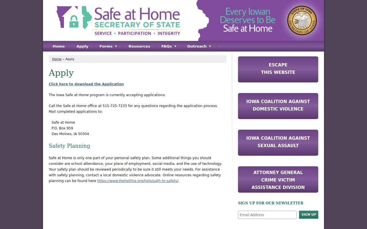 Iowa resident lookup reference showing the Safe at Home confidential-address enrollment route