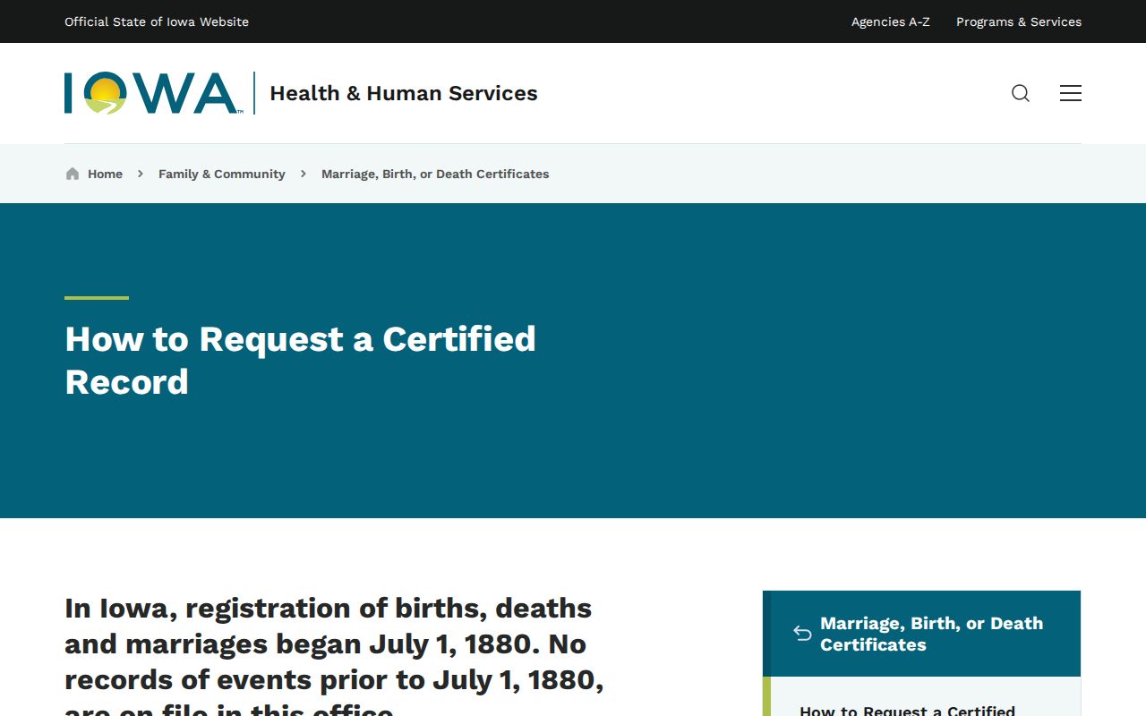 Iowa resident lookup reference showing Iowa HHS current vital-record fee and request routes