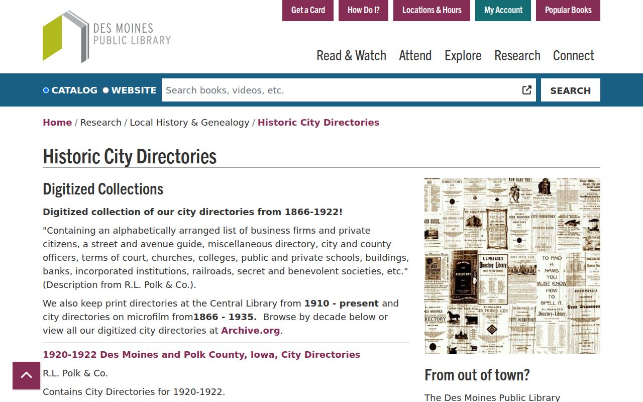 Iowa city directory formats at Des Moines Public Library, including digitized pages, print volumes, and microfilm