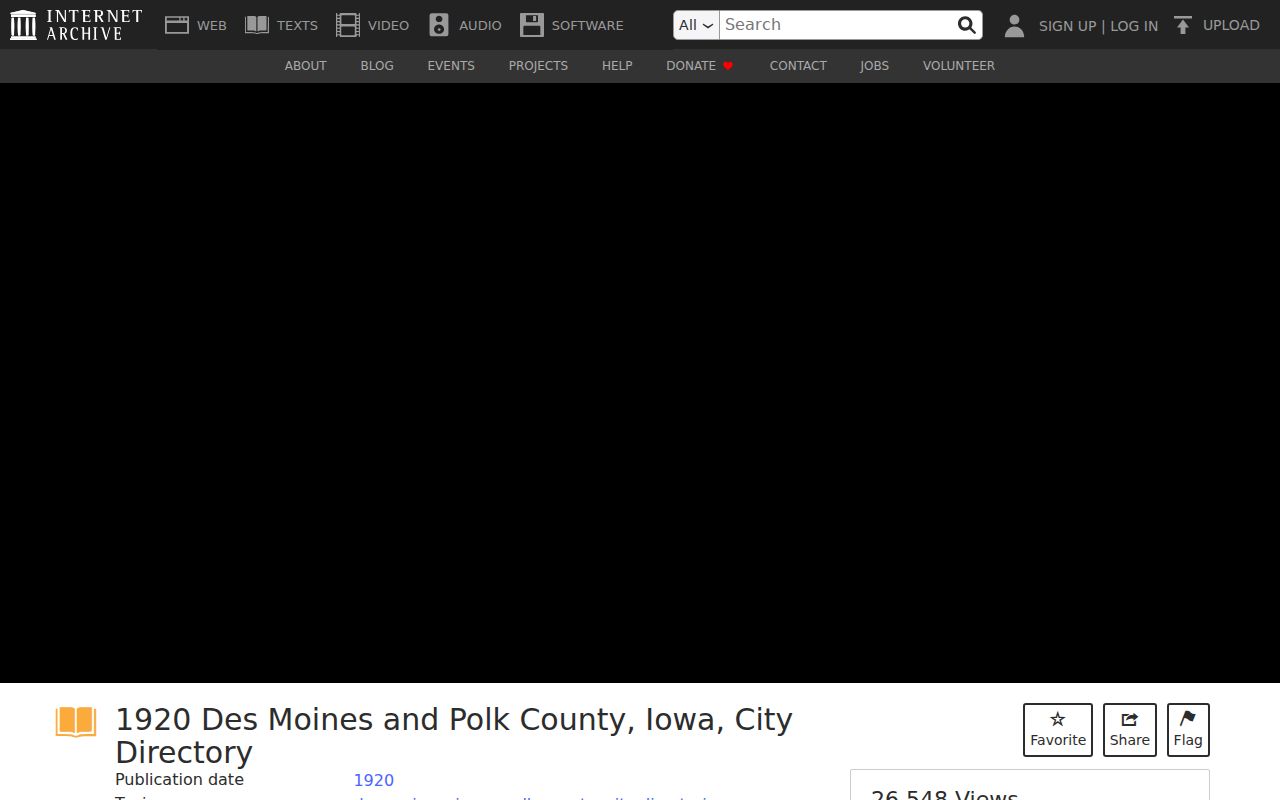 Iowa city directory viewer showing the cover and catalog information for the 1920 Des Moines and Polk County volume