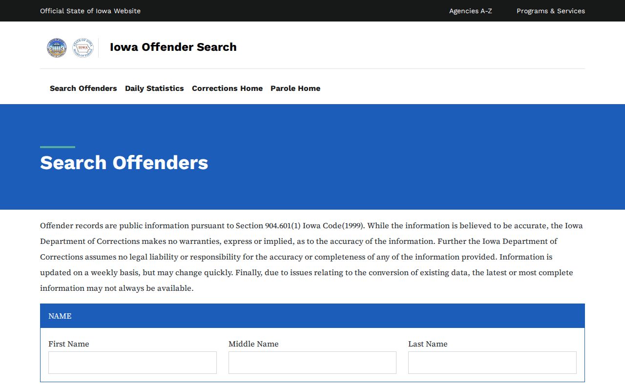 Iowa resident lookup reference showing Iowa DOC offender-search fields
