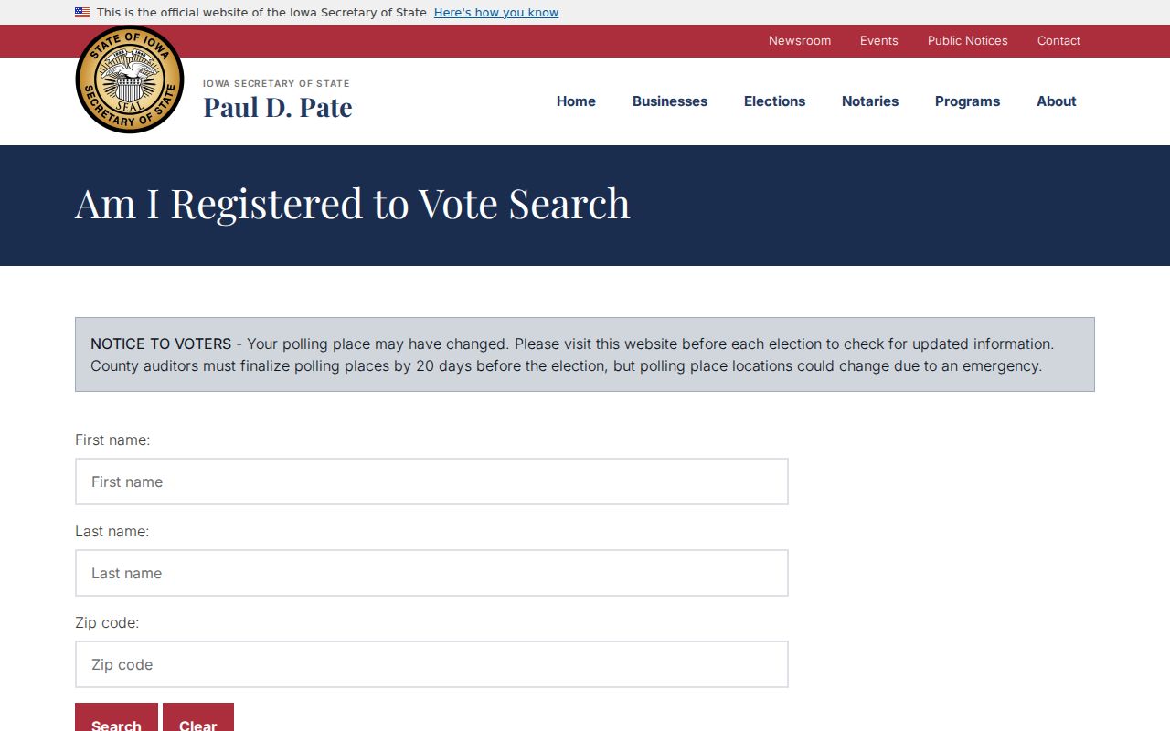 Iowa resident lookup reference showing required fields in the individual voter lookup