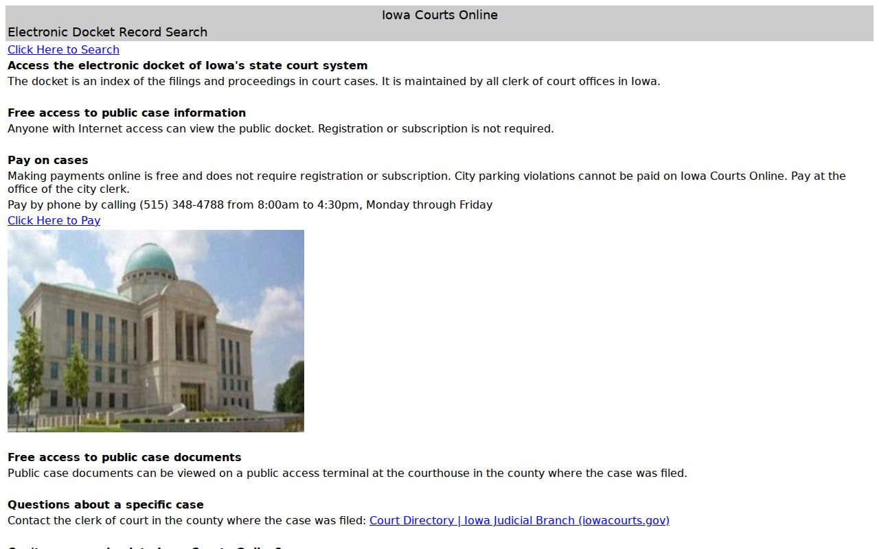 Iowa resident lookup reference showing the Iowa Courts Online public docket help page