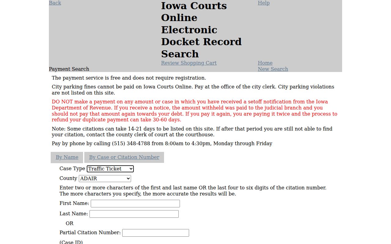 Iowa resident lookup reference showing Iowa court payment search tabs