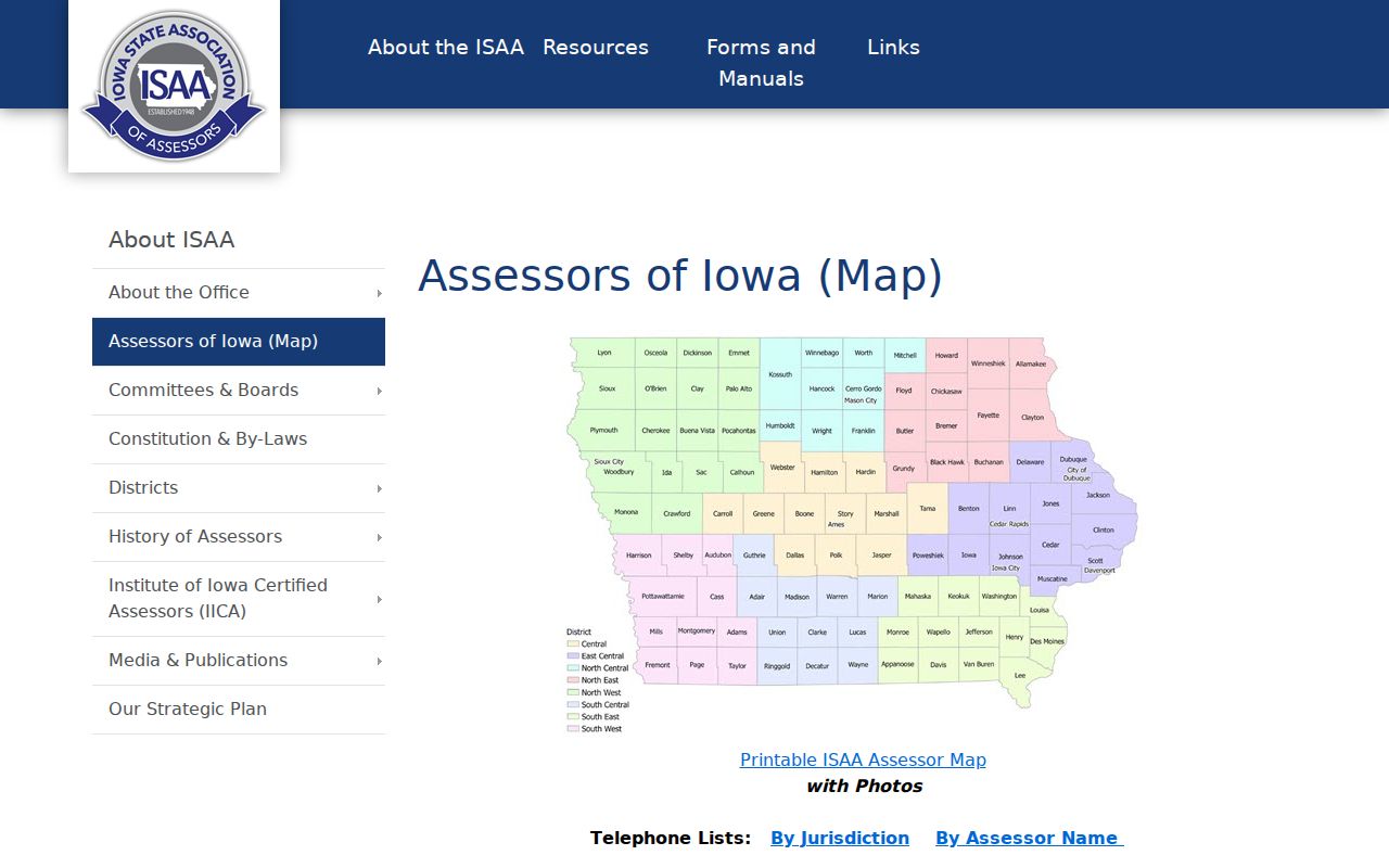 Iowa residents directory reference showing the statewide assessor jurisdiction map